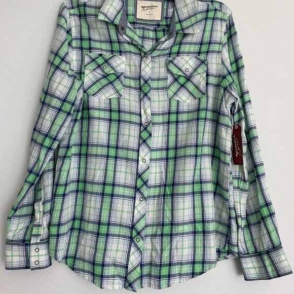 NWT - Arizona Jeans - Long-Sleeved Button Down Plaid Shirt - Large - Picture 7 of 14